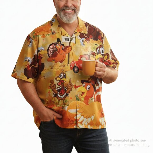 Other - Turkey Thanksgiving Colorful Button Short Sleeve Shirt Men's Size 4XL Funny